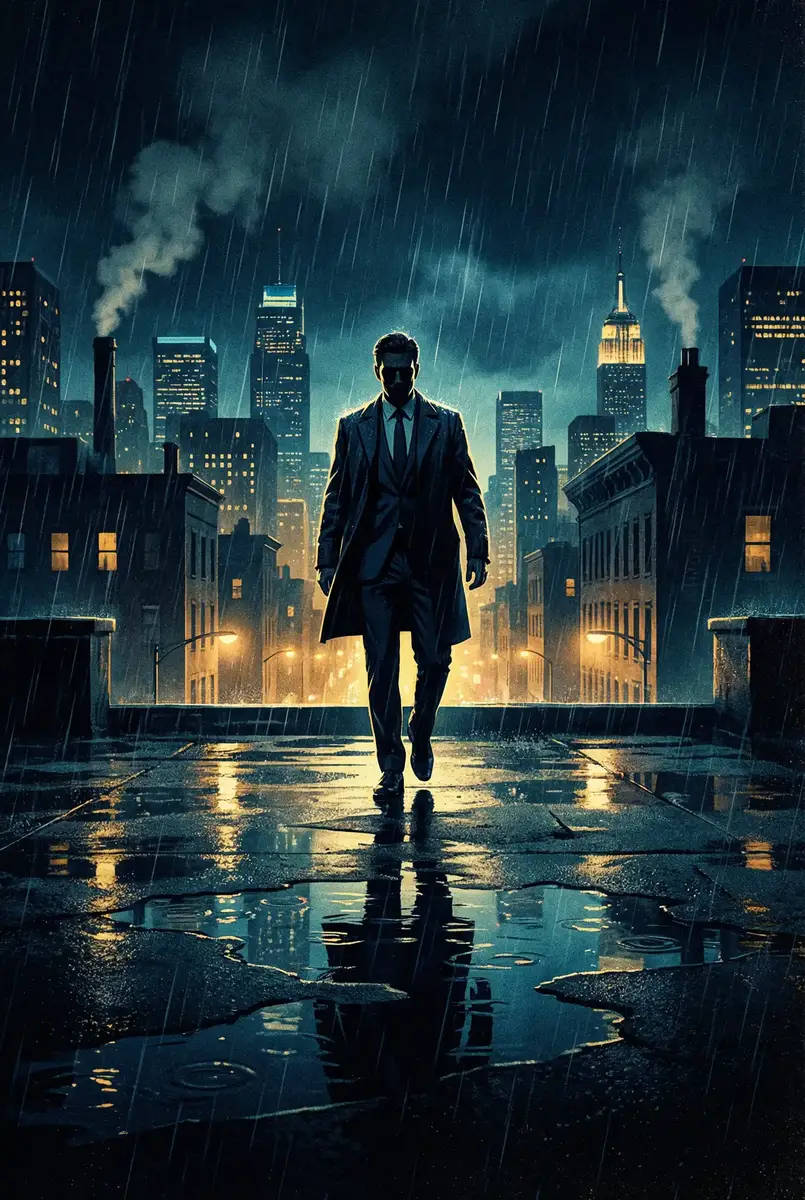 福利江湖 出品影片《雨夜独行者》海报，雨中城市屋顶男性剪影